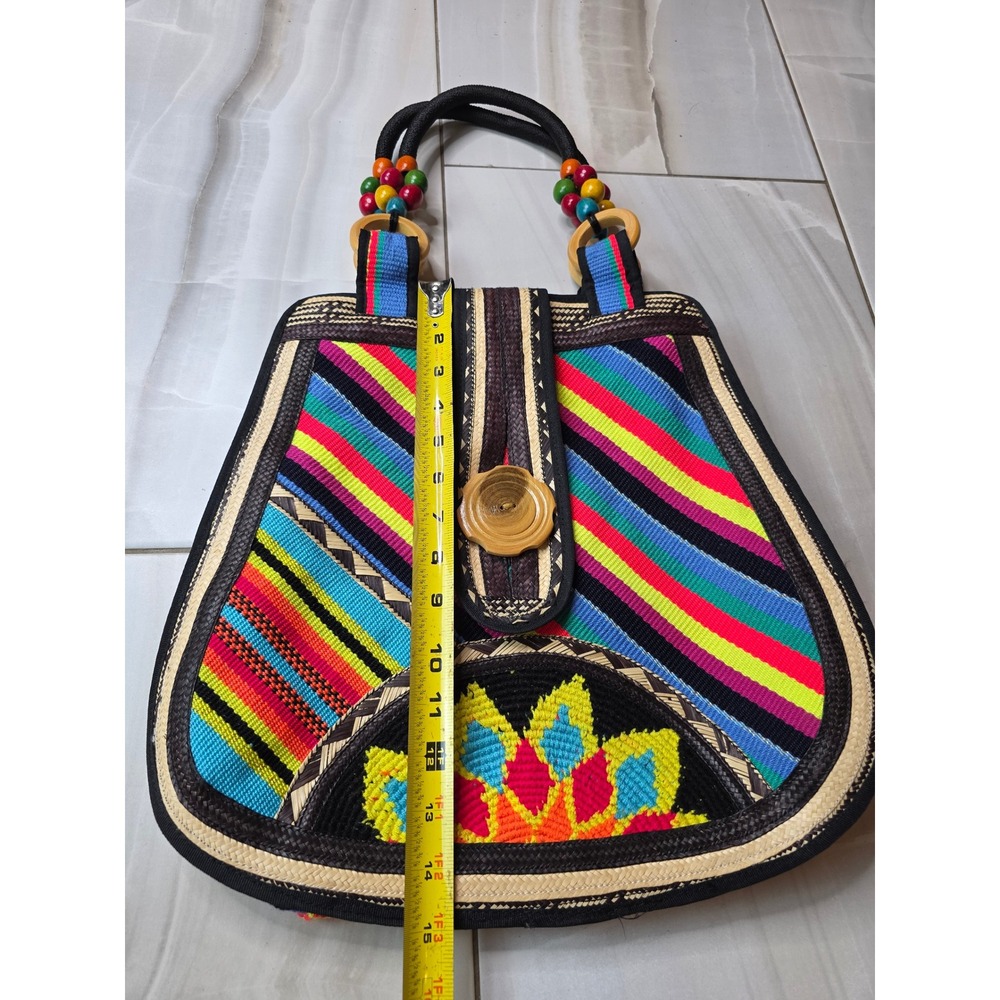 Boho Woven Straw Striped Tote Bag Multi Color Embroidered Floral Wooden F1 - Picture 9 of 16